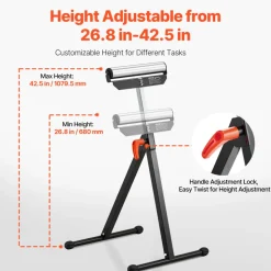 VEVOR 2-Pack Roller Stands, 135 lb Load Capacity, 26.8-42.5'' Adjustable Height, Folding Heavy Duty Design with 11.5 in Polished Steel Roller Head, for Table Saw Outfeed Woodworking Extension Support