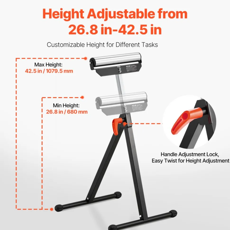 VEVOR 2-Pack Roller Stands, 135 lb Load Capacity, 26.8-42.5'' Adjustable Height, Folding Heavy Duty Design with 11.5 in Polished Steel Roller Head, for Table Saw Outfeed Woodworking Extension Support