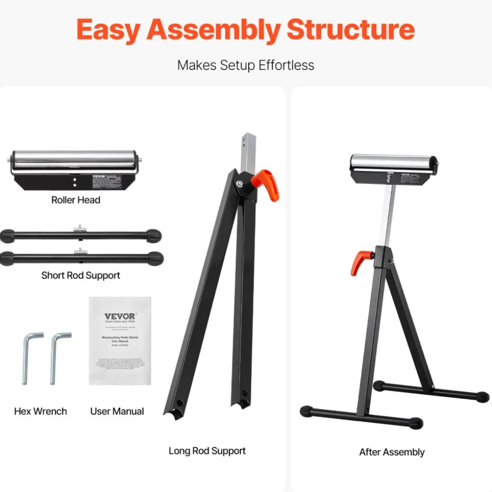 VEVOR 2-Pack Roller Stands, 135 lb Load Capacity, 26.8-42.5'' Adjustable Height, Folding Heavy Duty Design with 11.5 in Polished Steel Roller Head, for Table Saw Outfeed Woodworking Extension Support