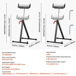 VEVOR 2-Pack Roller Stands, 250 lbs Load Capacity, 27-43 in Adjustable Height, Folding Heavy Duty with Polished Steel Roller Head & Edge Guides, for Table Saw Outfeed Woodworking Extension Support