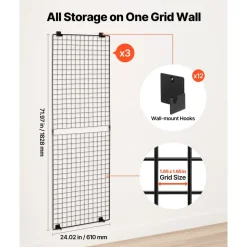 VEVOR 3 Packs Grid Wall Panels, 2 x 6 ft Wire Grid Panels Display Rack, Wall-Mounted Art Display Shelf, Black Carbon Steel Wall Hanging Gridwall for Craft Show, Decoration, Storage, Notice Board