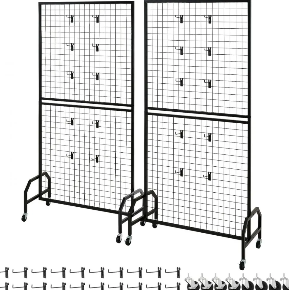 VEVOR 2 Packs Grid Wall Panels, 2.9 x 5.9 ft Wire Grid Panels Display Rack, Movable Art Display Shelf with Wheels and 10 Hooks, Black Carbon Steel Gridwall for Craft Show, Decor, Storage, Notice Board