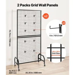 VEVOR 2 Packs Grid Wall Panels, 2.9 x 5.9 ft Wire Grid Panels Display Rack, Movable Art Display Shelf with Wheels and 10 Hooks, Black Carbon Steel Gridwall for Craft Show, Decor, Storage, Notice Board