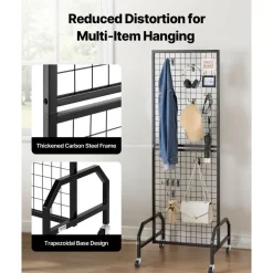 VEVOR 2 Packs Grid Wall Panels, 1.9 x 5.4 ft Wire Grid Panels Display Rack, Movable Art Display Shelf with Wheels and 20 Hooks, Black Carbon Steel Gridwall for Craft Show, Decor, Storage, Notice Board