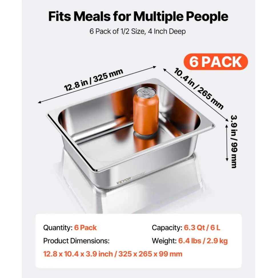 VEVOR 6 Pack Stainless Steam Hotel Pans, 1/2 Size Table Steam Pan, 4 Inch Deep Anti Jam Restaurant Supplies Reusable Rustproof Catering Storage for Home, Party, Restaurant, Hotel, Buffet