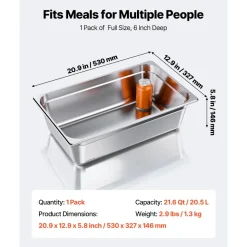 VEVOR 1 Pack Stainless Steam Hotel Pan, Full Size Table Steam Pan, 6 Inch Deep Anti Jam Restaurant Supplies Reusable Rustproof Catering Storage for Home, Party, Restaurant, Hotel, Buffet