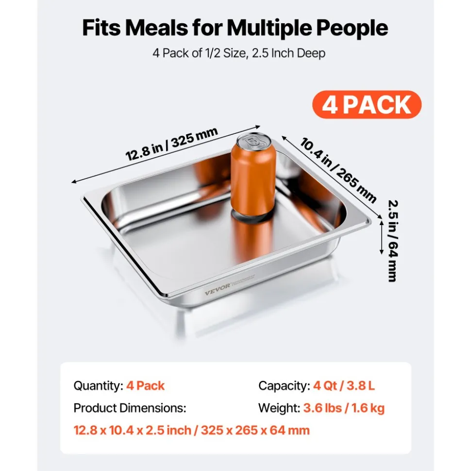 VEVOR 4 Pack Stainless Steam Hotel Pan, 1/2 Size Table Steam Pan, 2.5 Inch Deep Anti Jam Restaurant Supplies Reusable Rustproof Catering Storage for Home, Party, Restaurant, Hotel, Buffet