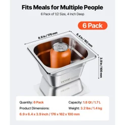 VEVOR 6 Pack Stainless Steam Hotel Pans, 1/6 Size Table Steam Pan, 4 Inch Deep, Anti Jam Restaurant Supplies Reusable Rustproof Catering Storage for Home, Party, Restaurant, Hotel, Buffet
