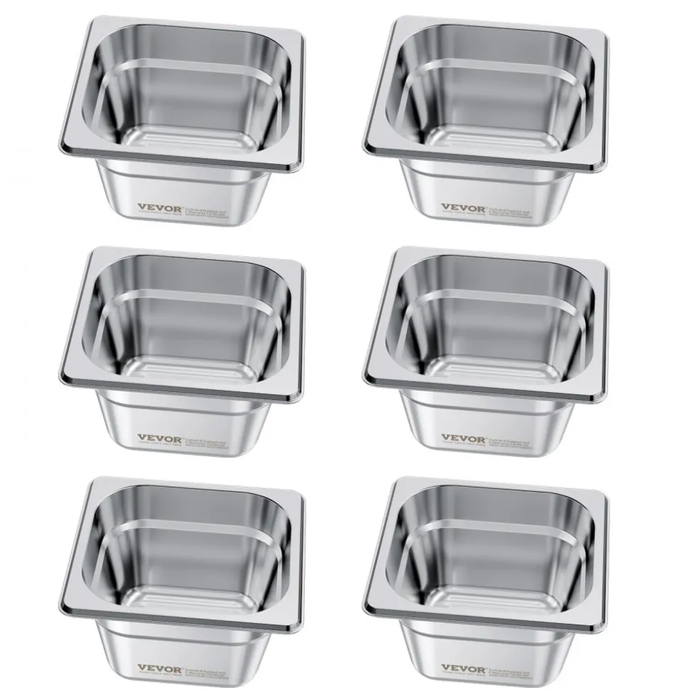 VEVOR 6 Pack Stainless Steam Hotel Pans, 1/6 Size Table Steam Pan, 4 Inch Deep, Anti Jam Restaurant Supplies Reusable Rustproof Catering Storage for Home, Party, Restaurant, Hotel, Buffet