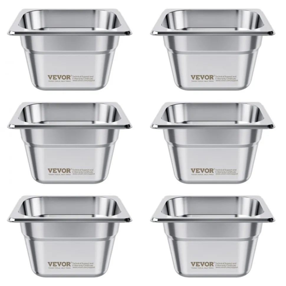VEVOR 6 Pack Stainless Steam Hotel Pans, 1/6 Size Table Steam Pan, 4 Inch Deep, Anti Jam Restaurant Supplies Reusable Rustproof Catering Storage for Home, Party, Restaurant, Hotel, Buffet