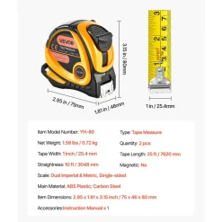 VEVOR 2 Packs Tape Measure 25 ft Length, Measuring Tape with Retractable, Imperial and Metric ft/m Dual-Scale & ABS Case & Easy Read Steel Measurement Tool,for Outdoor,Decoration
