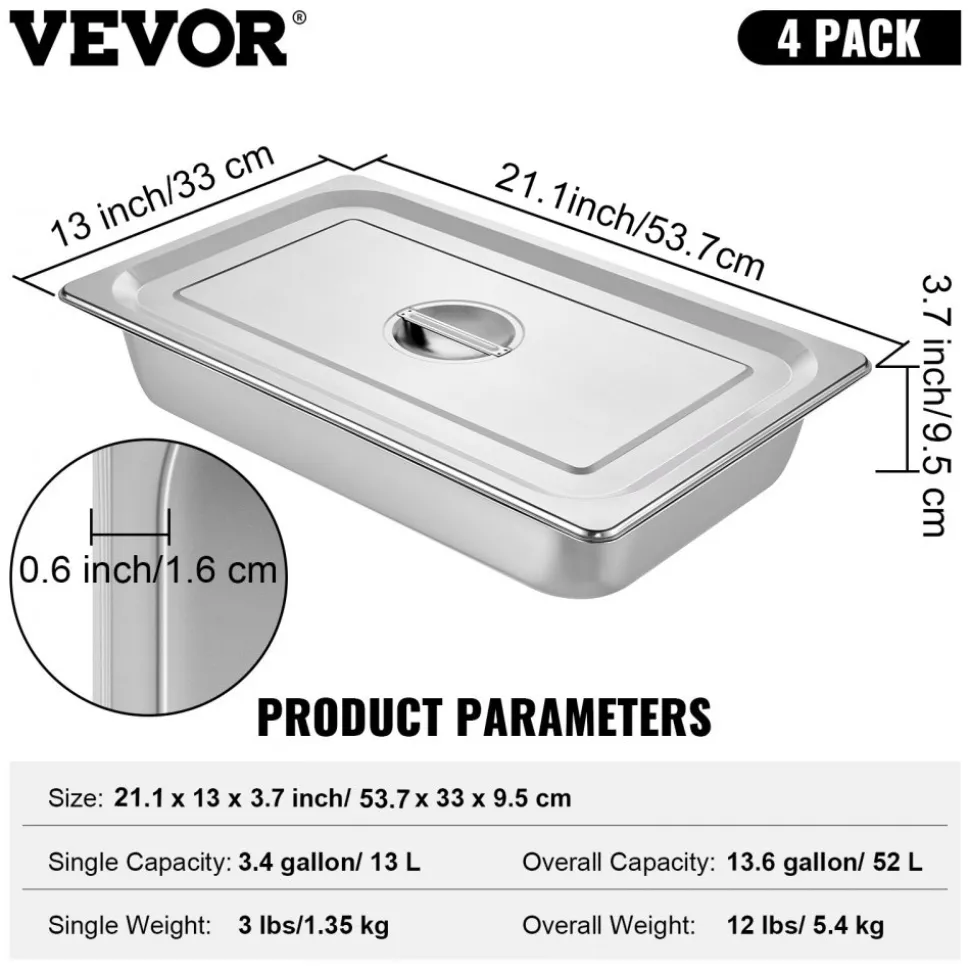 VEVOR 6 Pack Steam Table Pans 20.9 x 12.8 x 5.9 Inch Deep Steam Table Pan Full Size 20.5L Deep Food Container Stainless Steel Oven Tray Hotel Pans Anti-Jam Steam Table Food Pan