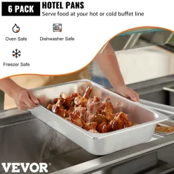 VEVOR 6 Pack Steam Table Pans 20.9 x 12.8 x 3.9 Inch Deep Steam Table Pan Full Size 13L Deep Food Container Stainless Steel Oven Tray Hotel Pans Anti-Jam Steam Table Food Pan