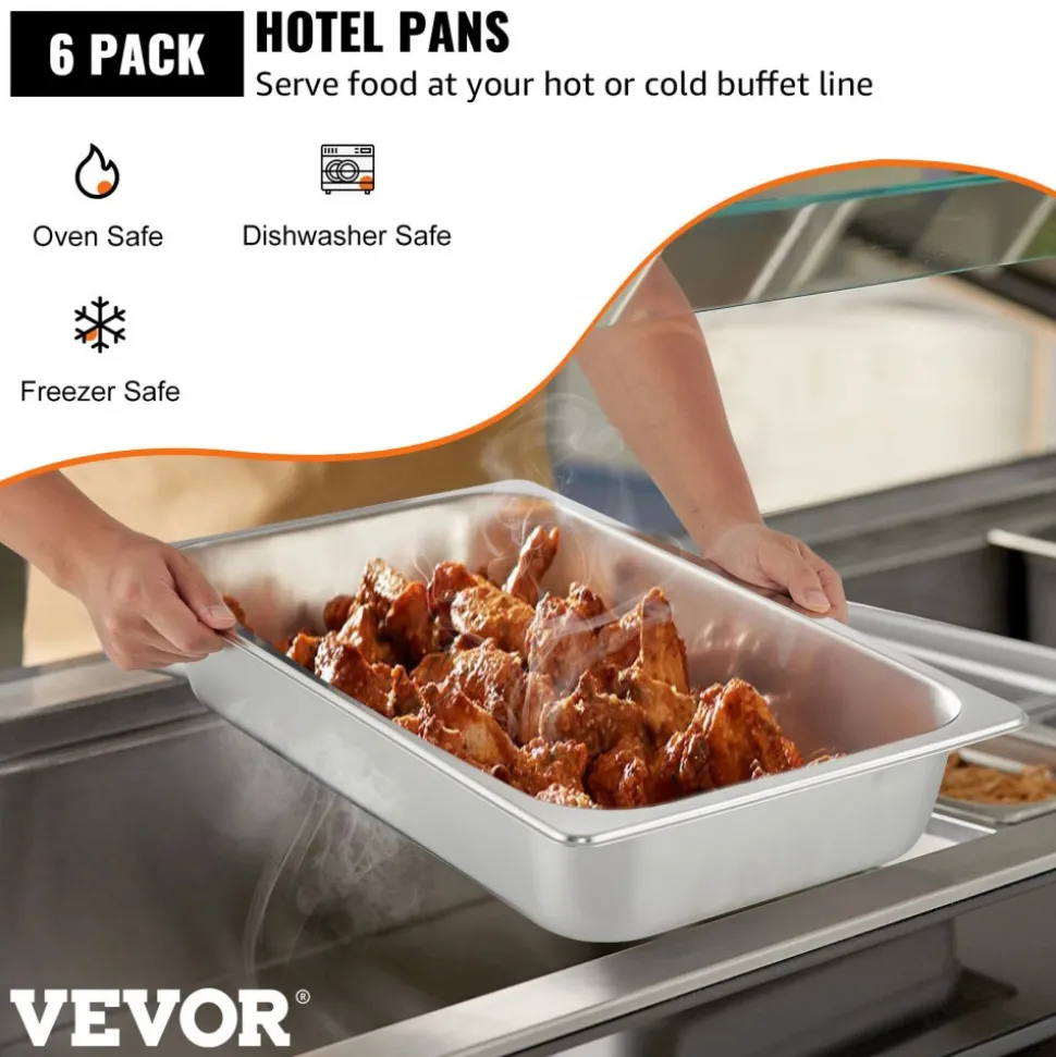 VEVOR 6 Pack Steam Table Pans 20.9 x 12.8 x 3.9 Inch Deep Steam Table Pan Full Size 13L Deep Food Container Stainless Steel Oven Tray Hotel Pans Anti-Jam Steam Table Food Pan