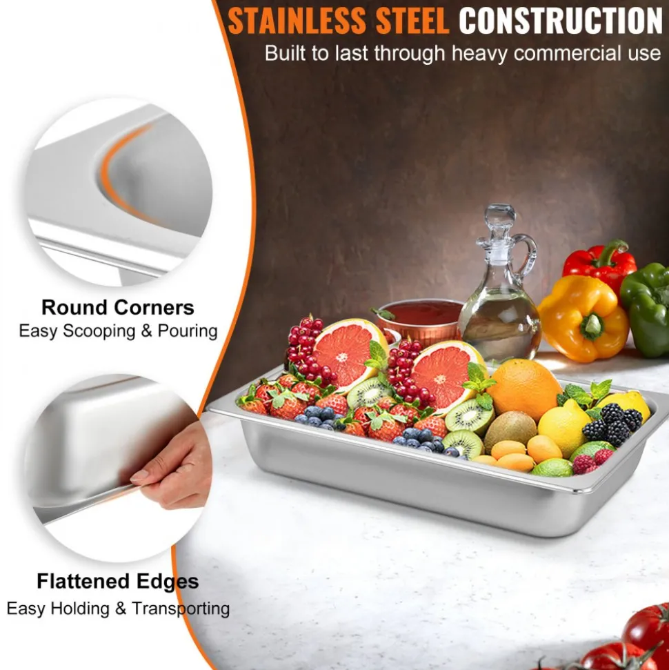 VEVOR 6 Pack Steam Table Pans 20.9 x 12.8 x 3.9 Inch Deep Steam Table Pan Full Size 13L Deep Food Container Stainless Steel Oven Tray Hotel Pans Anti-Jam Steam Table Food Pan