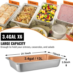 VEVOR 6 Pack Steam Table Pans 20.9 x 12.8 x 3.9 Inch Deep Steam Table Pan Full Size 13L Deep Food Container Stainless Steel Oven Tray Hotel Pans Anti-Jam Steam Table Food Pan