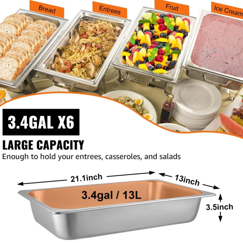 VEVOR 6 Pack Steam Table Pans 20.9 x 12.8 x 3.9 Inch Deep Steam Table Pan Full Size 13L Deep Food Container Stainless Steel Oven Tray Hotel Pans Anti-Jam Steam Table Food Pan