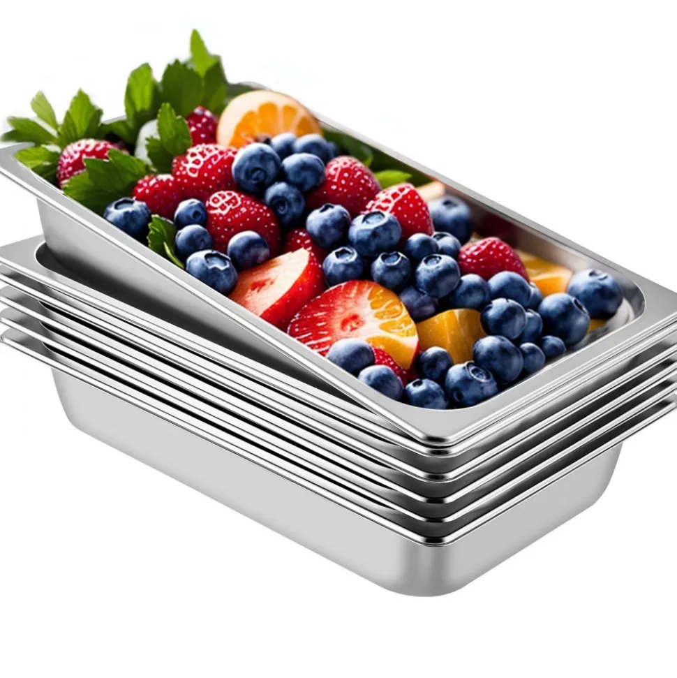 VEVOR 6 Pack Steam Table Pans 20.9 x 12.8 x 3.9 Inch Deep Steam Table Pan Full Size 13L Deep Food Container Stainless Steel Oven Tray Hotel Pans Anti-Jam Steam Table Food Pan