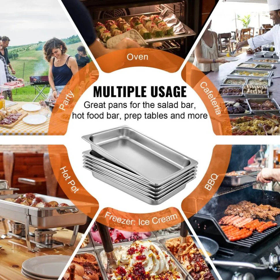 VEVOR 6 Pack Steam Table Pans 20.9 x 12.8 x 2.6 Inch Deep Steam Table Pan Full Size 8.5L Deep Food Container Stainless Steel Oven Tray Hotel Pans Anti-Jam Steam Table Food Pan