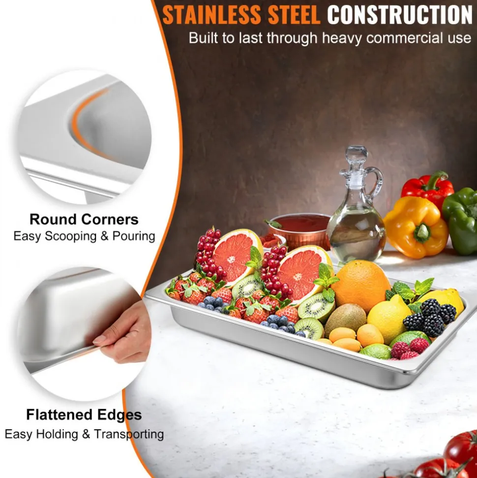 VEVOR 6 Pack Steam Table Pans 20.9 x 12.8 x 2.6 Inch Deep Steam Table Pan Full Size 8.5L Deep Food Container Stainless Steel Oven Tray Hotel Pans Anti-Jam Steam Table Food Pan