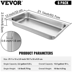 VEVOR 6 Pack Steam Table Pans 20.9 x 12.8 x 2.6 Inch Deep Steam Table Pan Full Size 8.5L Deep Food Container Stainless Steel Oven Tray Hotel Pans Anti-Jam Steam Table Food Pan