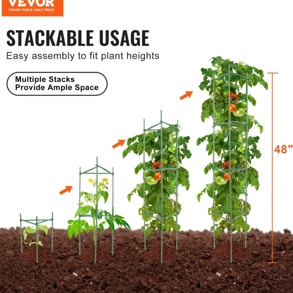 VEVOR 6 Packs Tomato Cages for Garden, 48 inch Tomato Trellis Plant Stakes Support, Stackable Tall Plant Support Cage, for Raised Garden Bed, Vegetables Flowers and Climbing Plants