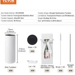 VEVOR 50 Pack Sublimation Tumblers 20oz Skinny Straight, Stainless Steel Sublimation Tumblers Blank, Stainless Steel Double Wall Tumbler for Heat Transfer Customized Gifts with Lid and Straw, Gift Box