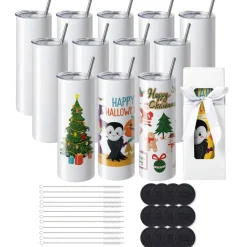 VEVOR 12 Pack Sublimation Tumblers 20oz Skinny Straight, Stainless Steel Sublimation Tumblers Blank, Stainless Steel Double Wall Tumbler for Heat Transfer Customized Gifts with Lid and Straw, Gift Box