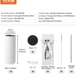 VEVOR 8 Pack Sublimation Tumblers 20 Oz Skinny Straight, Stainless Steel Sublimation Tumblers Blank, Stainless Steel Double Wall Tumbler for Heat Transfer Customized Gifts with Lid and Straw, Gift Box