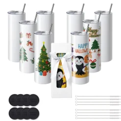 VEVOR 8 Pack Sublimation Tumblers 20 Oz Skinny Straight, Stainless Steel Sublimation Tumblers Blank, Stainless Steel Double Wall Tumbler for Heat Transfer Customized Gifts with Lid and Straw, Gift Box