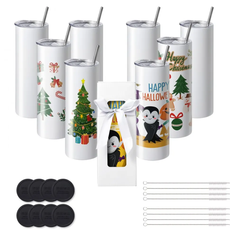 VEVOR 8 Pack Sublimation Tumblers 20 Oz Skinny Straight, Stainless Steel Sublimation Tumblers Blank, Stainless Steel Double Wall Tumbler for Heat Transfer Customized Gifts with Lid and Straw, Gift Box