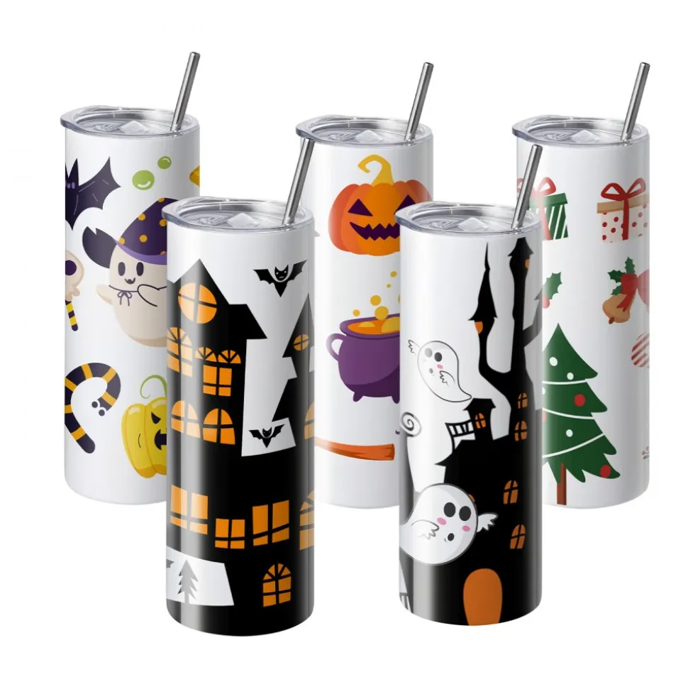 VEVOR 8 Pack Sublimation Tumblers 20 Oz Skinny Straight, Stainless Steel Sublimation Tumblers Blank, Stainless Steel Double Wall Tumbler for Heat Transfer Customized Gifts with Lid and Straw, Gift Box