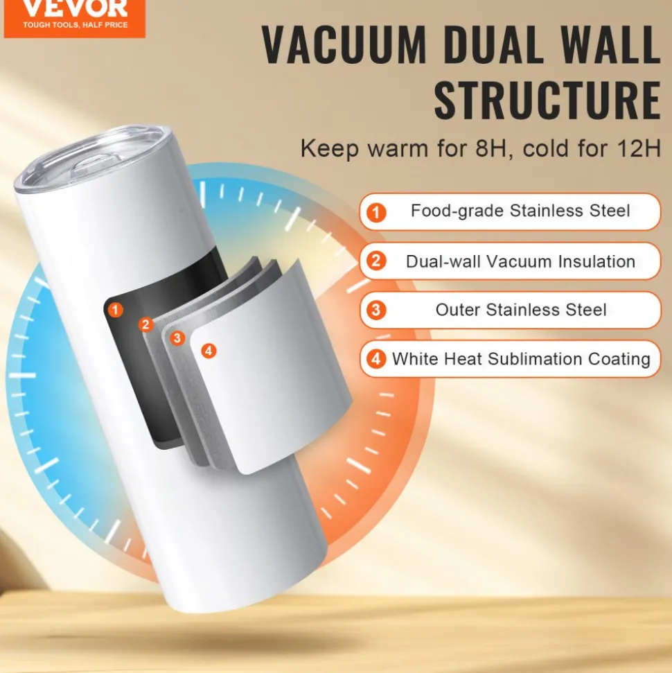 VEVOR 8 Pack Sublimation Tumblers 20 Oz Skinny Straight, Stainless Steel Sublimation Tumblers Blank, Stainless Steel Double Wall Tumbler for Heat Transfer Customized Gifts with Lid and Straw, Gift Box