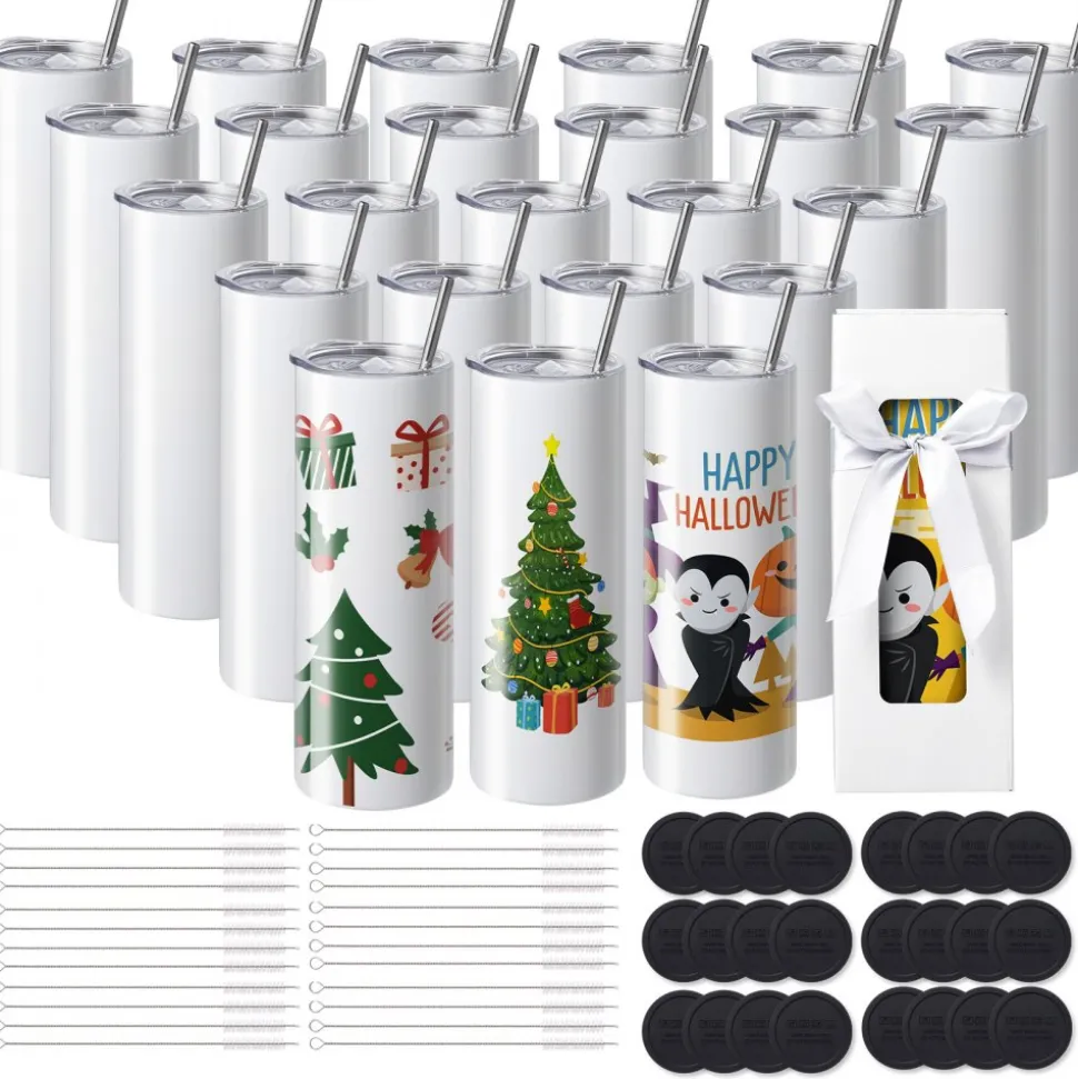 VEVOR 24 Pack Sublimation Tumblers 20oz Skinny Straight, Stainless Steel Sublimation Tumblers Blank, Stainless Steel Double Wall Tumbler for Heat Transfer Customized Gifts with Lid and Straw, Gift Box