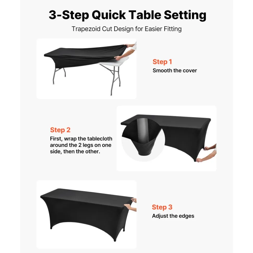 VEVOR 10 Pack Table Cloth for 6FT Rectangular Fitted Events, Wrinkle-Resistant Stretch Black Table Covers, Washable Spandex Tablecloth Protector, for Party, Wedding, Cocktail, Banquet, Festival