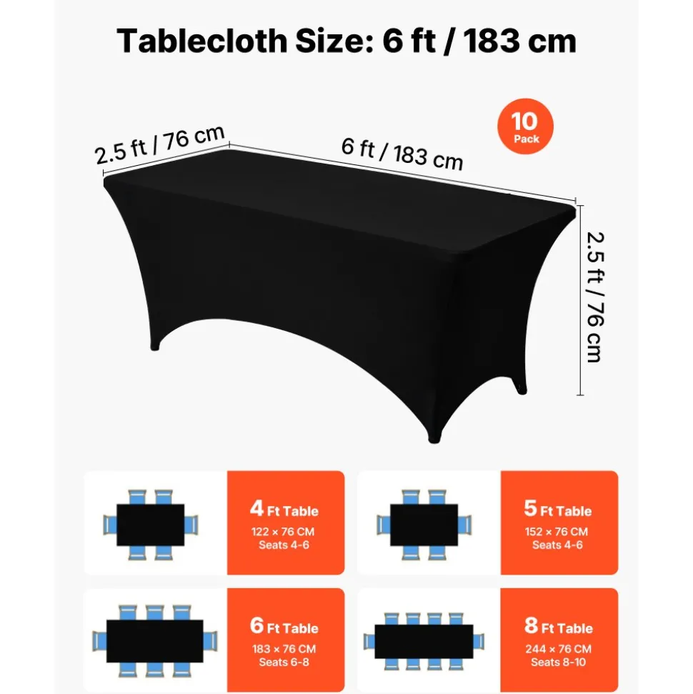 VEVOR 10 Pack Table Cloth for 6FT Rectangular Fitted Events, Wrinkle-Resistant Stretch Black Table Covers, Washable Spandex Tablecloth Protector, for Party, Wedding, Cocktail, Banquet, Festival