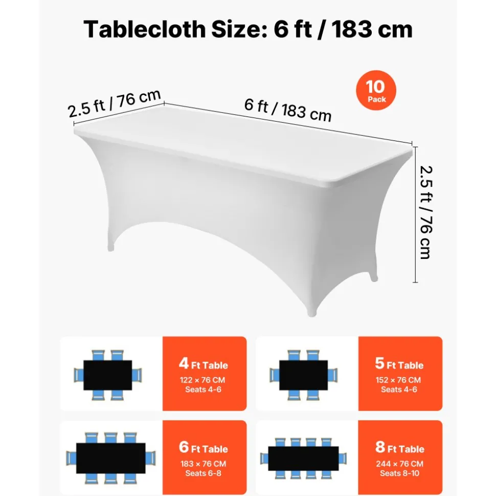 VEVOR 10 Pack Table Cloth for 6FT Rectangular Fitted Events, Wrinkle-Resistant Stretch White Table Covers, Washable Spandex Tablecloth Protector, for Party, Wedding, Cocktail, Banquet, Festival