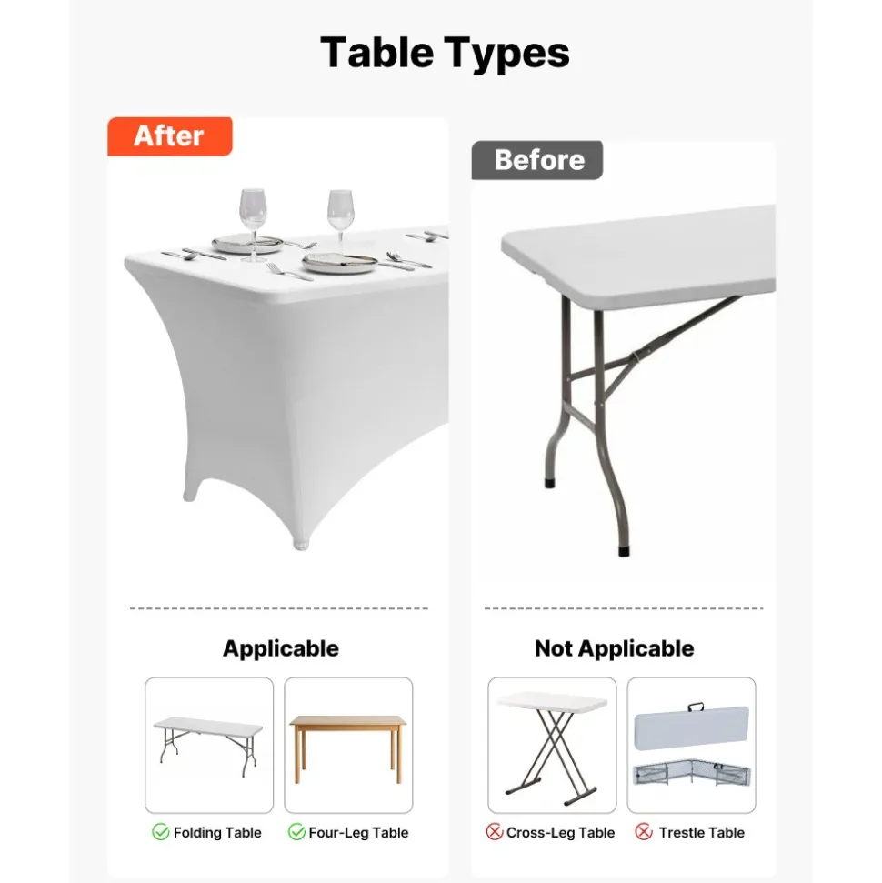 VEVOR 6 Pack Table Cloth for 8FT Rectangular Fitted Events, Wrinkle-Resistant Stretch White Table Covers, Washable Spandex Tablecloth Protector, for Party, Wedding, Cocktail, Banquet, Festival