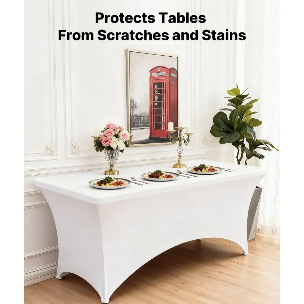VEVOR 6 Pack Table Cloth for 8FT Rectangular Fitted Events, Wrinkle-Resistant Stretch White Table Covers, Washable Spandex Tablecloth Protector, for Party, Wedding, Cocktail, Banquet, Festival