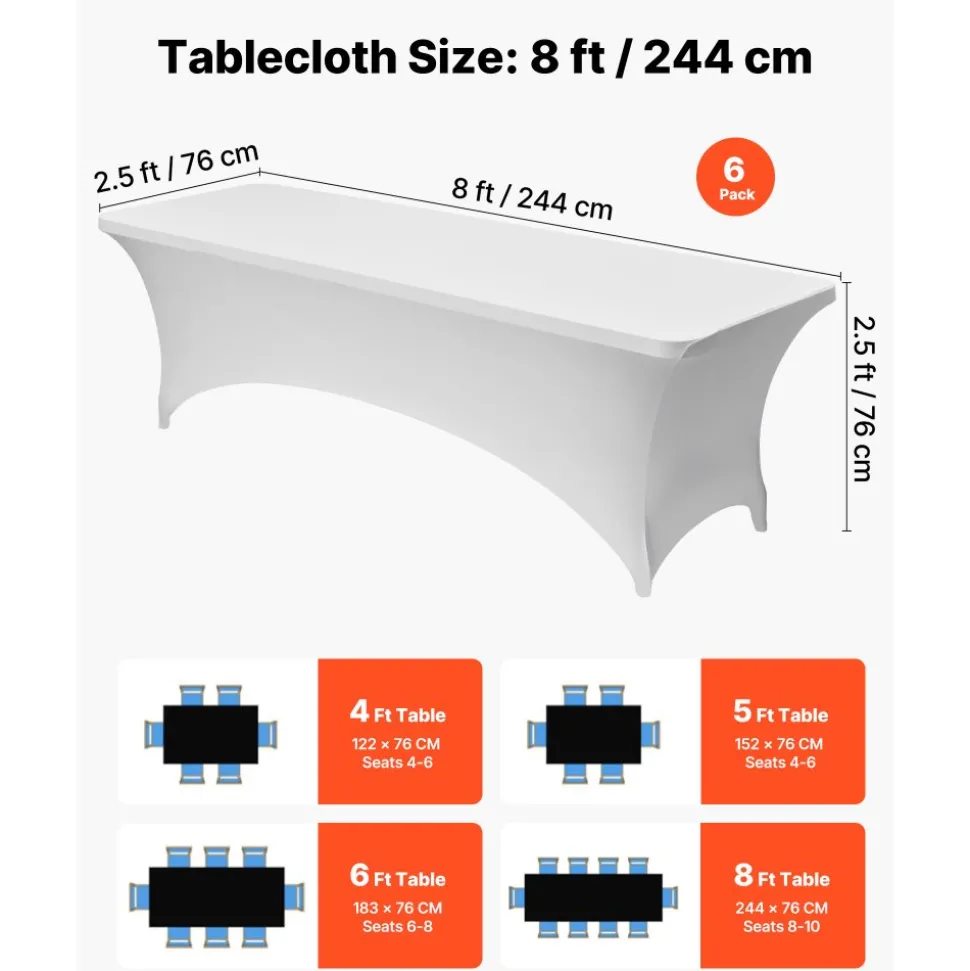 VEVOR 6 Pack Table Cloth for 8FT Rectangular Fitted Events, Wrinkle-Resistant Stretch White Table Covers, Washable Spandex Tablecloth Protector, for Party, Wedding, Cocktail, Banquet, Festival