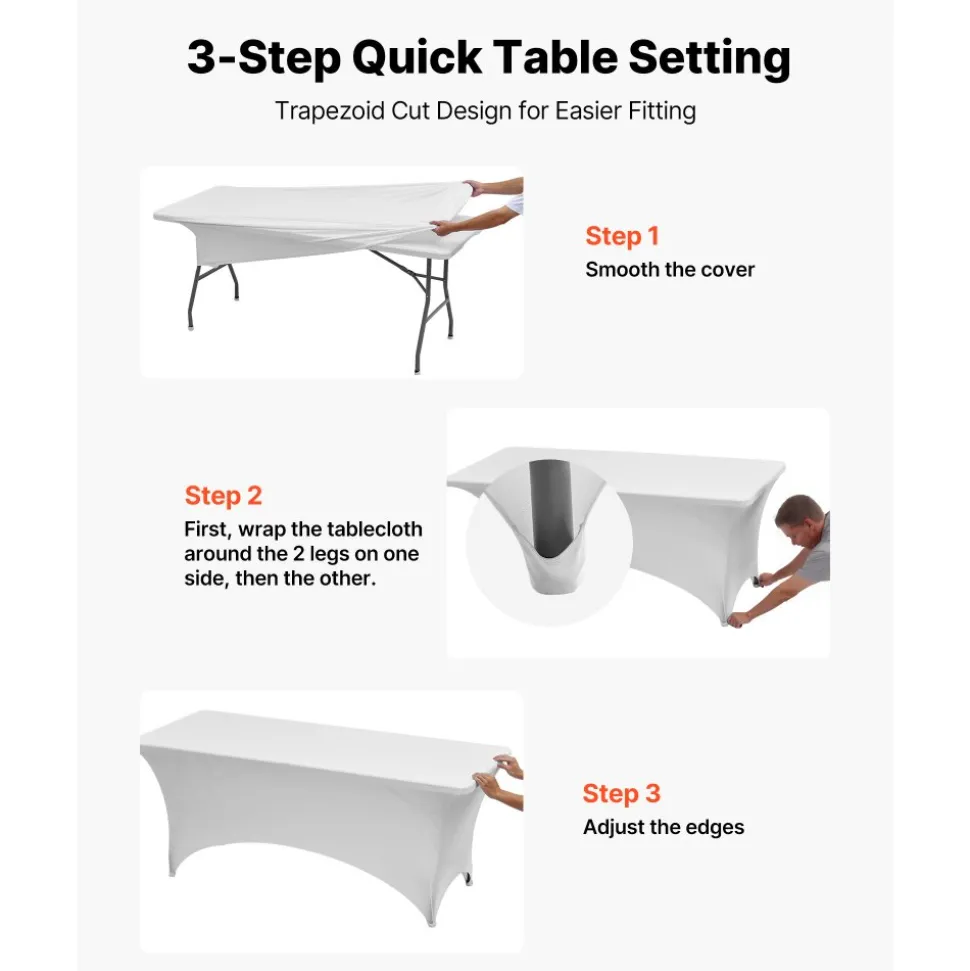 VEVOR 6 Pack Table Cloth for 8FT Rectangular Fitted Events, Wrinkle-Resistant Stretch White Table Covers, Washable Spandex Tablecloth Protector, for Party, Wedding, Cocktail, Banquet, Festival