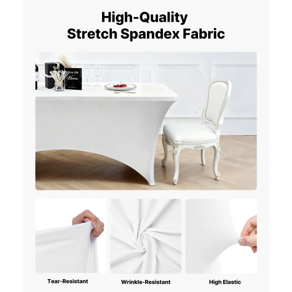 VEVOR 6 Pack Table Cloth for 8FT Rectangular Fitted Events, Wrinkle-Resistant Stretch White Table Covers, Washable Spandex Tablecloth Protector, for Party, Wedding, Cocktail, Banquet, Festival