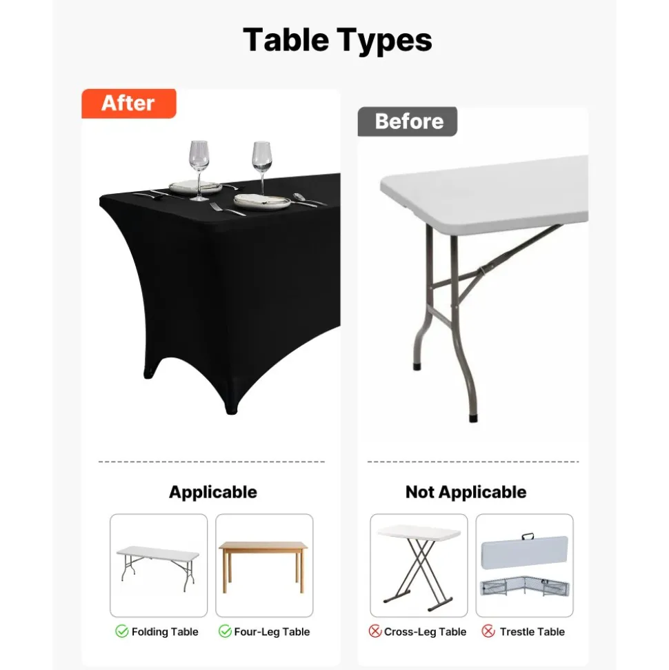 VEVOR 6 Pack Table Cloth for 6FT Rectangular Fitted Events, Wrinkle-Resistant Stretch Black Table Covers, Washable Spandex Tablecloth Protector, for Party, Wedding, Cocktail, Banquet, Festival