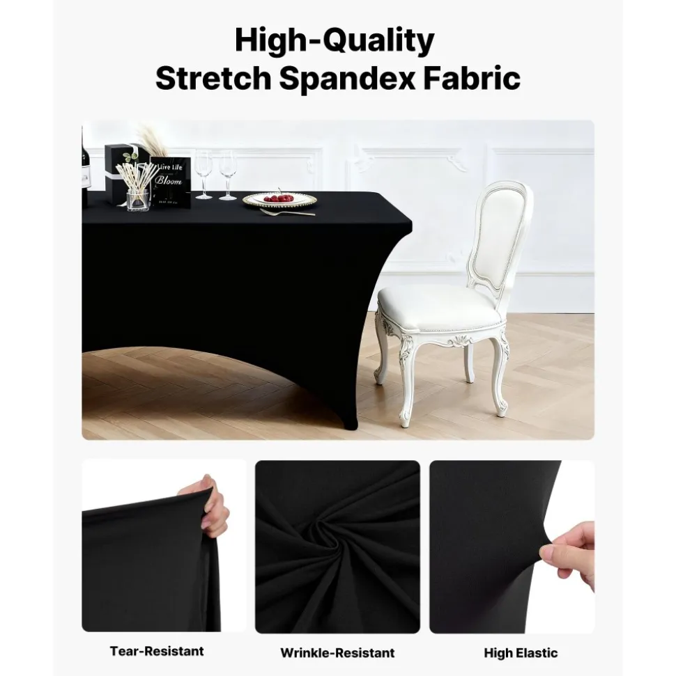 VEVOR 6 Pack Table Cloth for 6FT Rectangular Fitted Events, Wrinkle-Resistant Stretch Black Table Covers, Washable Spandex Tablecloth Protector, for Party, Wedding, Cocktail, Banquet, Festival