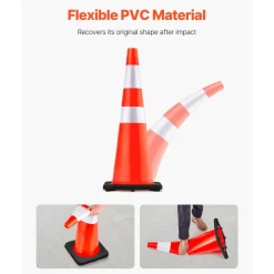 VEVOR 6Pack 36" Traffic Cones, Safety Road Parking Cone with Black Weighted Base, PVC Orange Traffic Safety Cones, Hazard Cones Reflective Collars for Construction Traffic Parking