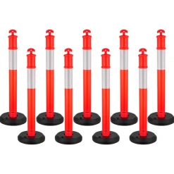 VEVOR 9 Pack Traffic Delineator Posts, 48 inches Traffic Safety Cones with Fillable Base and Reflective Strips, Heavy Duty Delineator Posts for Construction Site, Parking Lot, Crowd Control, Red