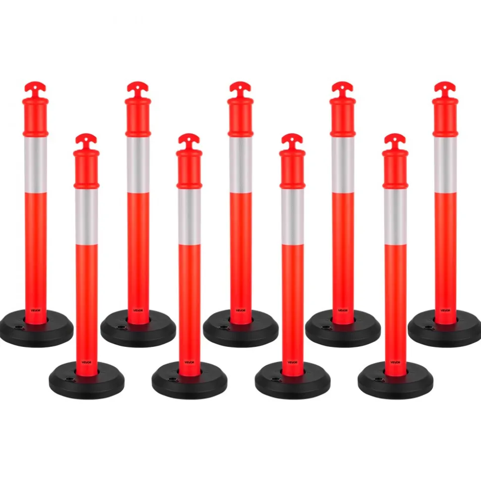 VEVOR 9 Pack Traffic Delineator Posts, 48 inches Traffic Safety Cones with Fillable Base and Reflective Strips, Heavy Duty Delineator Posts for Construction Site, Parking Lot, Crowd Control, Red