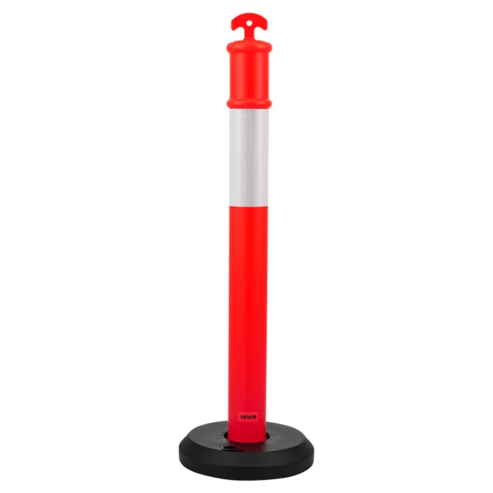 VEVOR 9 Pack Traffic Delineator Posts, 48 inches Traffic Safety Cones with Fillable Base and Reflective Strips, Heavy Duty Delineator Posts for Construction Site, Parking Lot, Crowd Control, Red