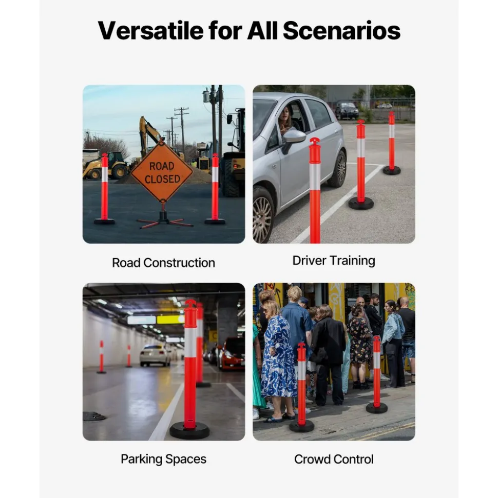 VEVOR 9 Pack Traffic Delineator Posts, 48 inches Traffic Safety Cones with Fillable Base and Reflective Strips, Heavy Duty Delineator Posts for Construction Site, Parking Lot, Crowd Control, Red