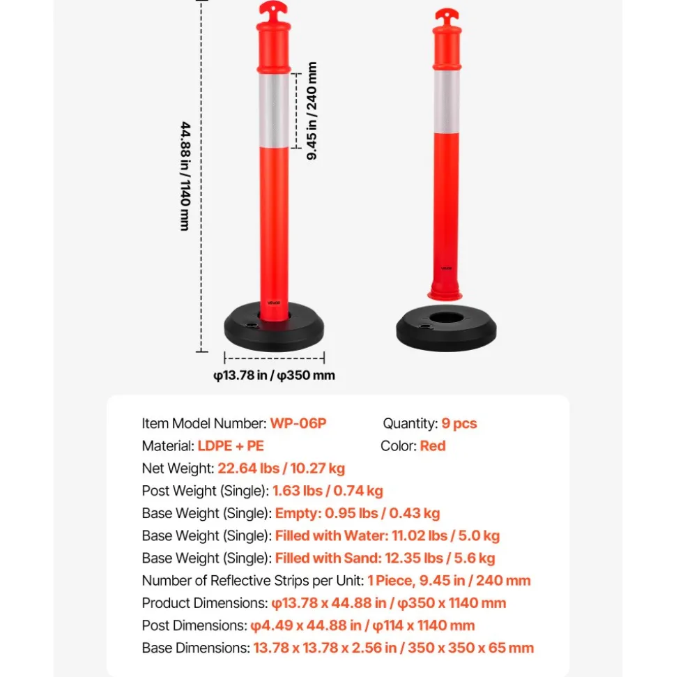 VEVOR 9 Pack Traffic Delineator Posts, 48 inches Traffic Safety Cones with Fillable Base and Reflective Strips, Heavy Duty Delineator Posts for Construction Site, Parking Lot, Crowd Control, Red